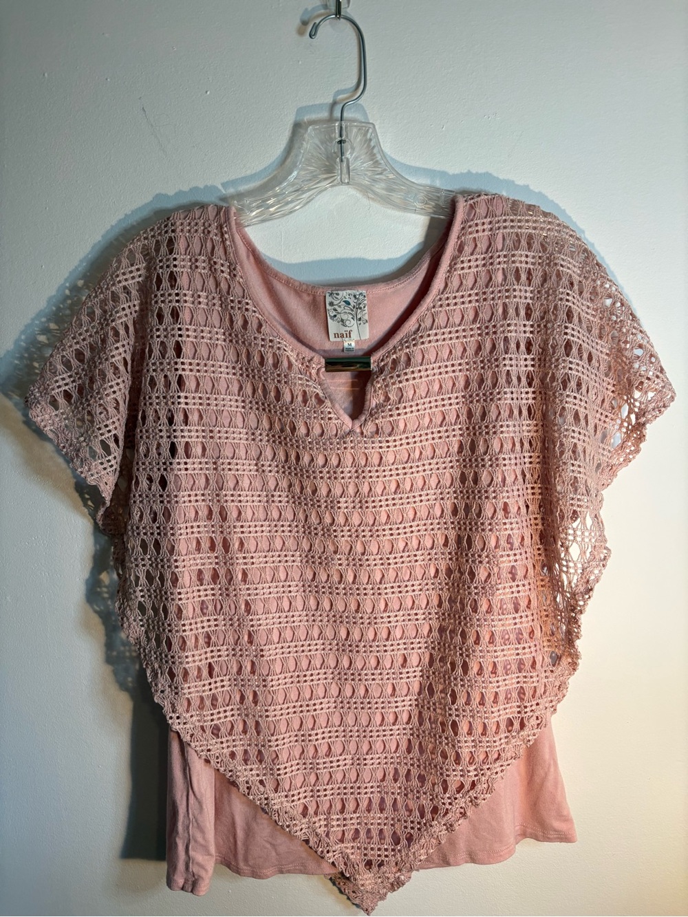 Naif Blush Pink Crochet Overlay Top Women’s Medium Boho short sleeve